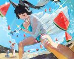 3girls animal_ears beach bikini blue_bikini blue_skin blue_sky breast_press breasts clapping colored_skin eating food fox_ears fox_girl fruit glasses glint highres hintobento holding holding_sheath holding_sword holding_weapon hoshimi_miyabi large_breasts long_hair multiple_girls ocean one-piece_swimsuit outdoors pink_hair ponytail red_eyes sarong see-through_clothes see-through_shirt sheath sheathing shirt short_hair sky slashing soukaku_(zenless_zone_zero) swimsuit sword tsukishiro_yanagi watermelon watermelon_slice weapon white_hair white_one-piece_swimsuit white_sarong white_shirt zenless_zone_zero 