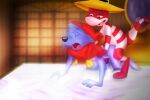 3_toes 4_fingers all_fours amegared anal anal_penetration anthro anthro_on_anthro arm_tuft bed bent_legs bent_over black_nose canid canine canis clothing colored coyote curling_tail digital_drawing_(artwork) digital_media_(artwork) doc_croc_(simsala_grimm) duo elbow_tuft eyes_closed feet fingers fool's_hat fur furniture half-closed_eyes hat headgear headwear inside lying male male/male mammal mirror mirror_reflection multicolored_body multicolored_fur narrowed_eyes on_bed on_side open_mouth paws penetration pink_body pink_scales plantigrade purple_body purple_fur raised_heel red_body red_clothing red_hat red_headwear red_scales reflection reptile scales scalie shaded simsala_grimm standing_on_toes striped_body striped_scales stripes tail thick_tail tiptoes toes tuft two_tone_body two_tone_fur white_sclera yellow_clothing yellow_hat yellow_headwear yoyo_(simsala_grimm)