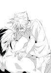  2boys black_hair blush cloud_strife final_fantasy final_fantasy_vii greyscale hair_between_eyes hair_slicked_back hand_on_another&#039;s_shoulder hand_on_another&#039;s_thigh highres jintaso looking_at_another monochrome multiple_boys no_pants open_mouth parted_lips sharp_teeth sideburns sketch sweat sweatdrop teeth topless_male white_background yaoi zack_fair 