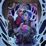  1boy 1girl abs arcane:_league_of_legends arcane_jinx arm_tattoo artist_name asymmetrical_gloves bandaged_chest bare_shoulders black_gloves black_lips blue_hair blue_nails breasts choker closed_mouth couple crop_top dark-skinned_male dark_skin dreadlocks ekko_(league_of_legends) elbow_gloves facepaint fingerless_gloves firelight_ekko gloves hetero holding_hands jinx_(league_of_legends) league_of_legends medium_breasts midriff nail_polish paint_on_body paint_on_clothes parted_lips procreate_(medium) red_scarf scarf shirt tattoo tholia_bentz torn_clothes torn_shirt twitter_username upper_body white_hair 