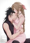  1boy 1girl aerith_gainsborough arms_around_waist baggy_pants bangle bare_shoulders black_hair blush bracelet braid braided_ponytail breasts brown_hair cleavage closed_eyes commentary_request couple dress feet_out_of_frame final_fantasy final_fantasy_vii final_fantasy_vii_ever_crisis final_fantasy_vii_remake gradient_background hair_ribbon hand_on_another&#039;s_cheek hand_on_another&#039;s_face highres hug jewelry nalu open_mouth pants parted_bangs pink_dress pink_ribbon ponytail ribbon sitting sitting_on_lap sitting_on_person sleeveless sleeveless_dress sleeveless_turtleneck small_breasts smile spiked_hair sweater turtleneck turtleneck_sweater zack_fair 