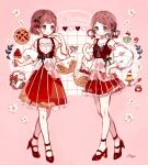  2girls :o animal_on_shoulder bird bird_on_shoulder black_bow black_vest blush_stickers bob_cut bow braid braided_hair_rings brown_eyes brown_hair cherry cherry_blossoms closed_mouth commentary crown_braid cupcake cursive detached_sleeves dot_nose english_commentary english_text flower food frilled_shirt frilled_skirt frilled_sleeves frills fruit fudge full_body grey_bird hair_rings hand_on_own_hip hand_up heart high_heels highres licking_lips looking_at_viewer multiple_girls napo_(napo_illust) no_socks original parted_lips picnic_basket pie red_shoes red_skirt shirt shoes short_hair siblings sisters skirt sleeveless sleeveless_shirt standing three-quarter_sleeves tongue tongue_out twins vest waist_bow white_flower white_shirt 
