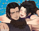  2boys angeal_hewley arms_around_neck bare_shoulders black_hair black_shirt blue_background blush brown_gloves brown_hair closed_eyes crisis_core_final_fantasy_vii earrings final_fantasy final_fantasy_vii furrowed_brow gloves grey_eyes hand_on_another&#039;s_head highres hug hug_from_behind jacket jewelry male_focus multiple_boys open_mouth parted_lips purple_shirt scar scar_on_cheek scar_on_face shakunage1 shirt single_earring sleeveless sleeveless_turtleneck smile turtleneck twintails twitter_username upper_body yaoi zack_fair 