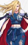  1girl blonde_hair blue_eyes blue_pants blue_shirt breasts closed_mouth commentary copyright_name english_commentary floating_hair fullmetal_alchemist gloves hand_on_own_hip highres jacket jhony_caballero long_hair mature_female medium_breasts midriff olivier_mira_armstrong one_eye_covered pants serious shirt solo tied_jacket torn_clothes torn_pants torn_shirt white_gloves 