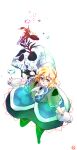  1girl arm_warmers black_skirt blonde_hair bubble closed_mouth commentary_request fish full_body goldfish green_eyes grey_shirt half_updo highres looking_at_viewer misaki_(pixiv1763138) mizuhashi_parsee open_mouth pointy_ears scarf shirt short_hair short_sleeves skirt skull smile solo touhou white_background white_scarf 