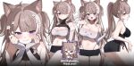  1girl :3 animal_ears arm_up armpits bandeau bare_arms bare_shoulders black_chemise black_shorts breasts brown_hair cat_ears claw_pose cleavage crop_top d4kou16 detached_sleeves extra_ears fang hands_on_own_cheeks hands_on_own_face highleg lace_trim large_breasts long_hair long_sleeves looking_at_viewer midriff mole mole_on_breast mole_on_shoulder mole_on_stomach multicolored_hair multiple_views navel open_mouth panty_straps ponytail purple_eyes sakurai_hana short_shorts shorts simple_background skindentation smile stomach strapless streaked_hair thighhighs thighs tube_top two_side_up v-shaped_eyebrows vdonburi virtual_youtuber white_background white_bandeau white_thighhighs 