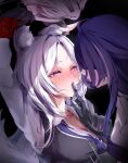  3girls acheron_(honkai:_star_rail) animal_ear_fluff animal_ears black_vest blush collared_shirt commentary dual_persona english_commentary finger_to_another's_mouth fox_ears fox_girl half-closed_eyes highres honkai:_star_rail honkai_(series) iris_(samlatte) long_hair looking_at_another multicolored_hair multiple_girls necktie nyeppu oc_x_canon original parted_lips purple_eyes purple_hair purple_necktie shirt streaked_hair trembling upper_body vest white_hair white_shirt yuri 