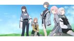  5girls bang_dream! bang_dream!_it&#039;s_mygo!!!!! belt black_belt black_choker black_hair black_hoodie black_necktie black_pants black_shirt black_shorts blue_eyes border breasts brown_eyes brown_hair chihaya_anon choker clenched_teeth closed_mouth commentary dress green_skirt grey_dress grey_eyes grey_hair grey_jacket grey_shirt hand_on_own_hip hands_in_pockets highres hood hood_down hoodie jacket kanade_(kanade_3344) kaname_raana layered_sleeves letterboxed long_hair long_sleeves medium_breasts milestone_celebration mitsuketa_keshiki_tazusaete mole mole_under_eye multiple_girls mygo!!!!!_(bang_dream!) nagasaki_soyo necktie open_mouth outside_border pants pink_hair pleated_skirt purple_eyes shiina_taki shirt short_hair short_over_long_sleeves short_sleeves shorts skirt smile standing sweater takamatsu_tomori teeth translation_request white_border white_hair yawning yellow_sweater zipper_pull_tab 