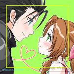  1boy 1girl aerith_gainsborough armor bare_shoulders black_hair blue_eyes blush braid braided_ponytail brown_hair closed_mouth commentary_request couple final_fantasy final_fantasy_vii final_fantasy_vii_ever_crisis from_side green_background green_eyes hair_ribbon heart looking_at_another nalu parted_bangs pink_ribbon ponytail profile ribbon shoulder_armor smile sweater turtleneck turtleneck_sweater twitter_username upper_body zack_fair 