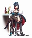  1girl absurdres alcohol bare_shoulders black_dress black_shoes black_thighhighs blue_eyes blue_flower blue_hair blush breasts champagne champagne_bottle champagne_flute chinese_commentary cleavage closed_mouth colored_inner_hair commentary_request commission crescent crossed_legs cup dress drinking_glass elbow_rest flower hair_bun hair_flower hair_ornament hand_on_own_thigh high_heels highres holding holding_cup large_breasts long_hair looking_at_viewer multicolored_hair on_stool original pumps qingmingtongzi red_hair shoes simple_background sitting sleeveless sleeveless_dress smile solo stool thighhighs two-tone_hair very_long_hair white_background 
