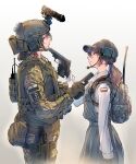  2girls at_gunpoint baseball_cap black_hat brown_hair bulletproof_vest camouflage camouflage_bag camouflage_shirt closed_mouth combat_helmet commentary_request daito dress ear_protection finger_on_trigger from_side gloves grey_dress gun handgun hat helmet highres holding holding_gun holding_weapon long_hair looking_at_another multiple_girls night_vision_device original parted_lips partially_fingerless_gloves polish_flag pouch school_uniform shirt simple_background tactical_clothes tactical_school_uniform upper_body walkie-talkie weapon weapon_request white_background white_shirt 