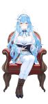  1girl absurdres ahoge aki_uzuki3 belt beret blue_bow blue_bowtie blue_coat blue_hair blue_skirt book boots bow bowtie braid breasts brown_belt brown_boots center_frills cleavage cleavage_cutout clothing_cutout coat colored_tips commentary_request crossed_bangs double-parted_bangs flower frilled_shirt frilled_skirt frilled_thighhighs frills full_body fur-trimmed_boots fur-trimmed_coat fur_trim hair_between_eyes hair_flower hair_ornament half_up_braid hat heart heart_ahoge high_heel_boots high_heels highres holding holding_book hololive large_breasts leather_belt light_smile long_hair looking_at_viewer miniskirt multicolored_hair off_shoulder open_book plaid_bow plaid_bowtie plaid_clothes pleated_skirt pointy_ears shirt simple_background sitting skirt sleeveless sleeveless_shirt snowflake_hair_ornament solo straight-on streaked_hair thighhighs very_long_hair virtual_youtuber white_background white_hat white_shirt white_thighhighs yellow_eyes yukihana_lamy yukihana_lamy_(1st_costume) 