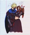  1boy 1girl aerith_gainsborough aerith_gainsborough_(midgard_seventh_high_school) anger_vein armor bandaged_chest belt black_belt black_choker black_gloves black_mask black_pants black_sailor_collar black_shirt black_skirt blonde_hair blue_cloak blue_eyes blush brown_gloves brown_hair choker cloak cloud_strife cloud_strife_(alphreid_costume) colored_tips couple cowboy_shot crop_top crossed_arms delinquent english_text final_fantasy final_fantasy_vii final_fantasy_vii_ever_crisis final_fantasy_vii_rebirth final_fantasy_vii_remake floral_print_shirt flower furrowed_brow gloves green_eyes grey_neckerchief hair_flower hair_ornament hair_ribbon half_updo herzenreine hetero highres leather_armor long_hair long_skirt looking_at_another mask midriff mouth_mask multicolored_hair navel neckerchief notebook official_alternate_costume pants parted_bangs pleated_skirt red_hair red_ribbon ribbon sailor_collar school_uniform shirt short_hair shoulder_armor side_ponytail sidelocks sketch skirt spiked_hair sukeban vambraces white_flower 