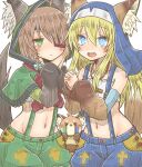  2girls ahoge alternate_costume animal animal_ears aqua_eyes bandeau blonde_hair blue_coif blue_shorts blue_suspenders blue_veil blush braid braided_sidelock brown_hair cross eyepatch flat_chest green_eyes green_hood green_shorts green_suspenders groin half-closed_eyes hkywymzk hood hood_up jewelry latin_cross long_hair looking_at_viewer multiple_girls navel necklace nun ootomo_sourin_(sengoku_otome) own_hands_clasped own_hands_together palms_together praying red_ribbon ribbon sengoku_otome shorts side-by-side sidelocks suspenders tail tanuki veil white_bandeau yamamoto_kansuke_(sengoku_otome) 