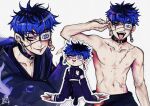  1boy :d absurdres artist_name bare_shoulders belt_collar black_hair black_jacket blue_hair blush chibi chibi_inset chin_piercing collar collarbone commentary cowboy_shot drooling earrings english_commentary eyepatch face_piercing fingernails full_body hair_between_eyes hand_on_own_ear hand_up highres jacket jewelry last_defense_academy_school_uniform lips long_fingernails looking_at_viewer male_focus max_art149 mixed-language_commentary mouth_drool multicolored_hair multiple_views navel nose omokage_yugamu one_eye_covered open_mouth outline parted_lips piercing purple_eyes scar scar_on_chest scar_on_face scar_on_stomach school_uniform short_hair simple_background sleeves_past_fingers sleeves_past_wrists smile spiked_hair standing stitches the_hundred_line_-last_defense_academy- tongue tongue_out tongue_piercing topless_male tsurime two-tone_hair upturned_eyes white_background white_outline 