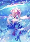  1girl blue_dress blue_eyes bubble dress floating_hair genshin_impact highres hozumi_rino long_hair long_sleeves looking_at_viewer looking_back off-shoulder_dress off_shoulder pink_hair sangonomiya_kokomi solo twintails underwater very_long_hair water wide_sleeves 