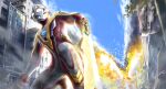  1boy alien arm_guards blue_sky building car city cityscape clenched_hands color_timer colored_skin commentary compound_eyes day debris dorsal_fin dust_cloud energy_blade fire foot_out_of_frame foreshortening giant giant_male glowing glowing_eyes gold_trim highres imminent_explosion kneeling knight_brace lamppost looking_ahead male_focus mebius_brace motor_vehicle multicolored_skin on_one_knee outdoors pectorals red_skin signature silver_skin sky skyscraper smoke snowslide solo sparks tokusatsu toned toned_male tree two-tone_skin ultra_series ultraman_mebius ultraman_mebius_(mebius_brave) ultraman_mebius_(series) white_eyes 