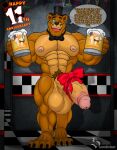 absurd_res alcohol anthro balls bear beer beverage bound claws clothing five_nights_at_freddy&#039;s freddy_(fnaf) genitals hat headgear headwear hi_res humanoid male male/male mammal muscular muscular_male nipples party penis scottgames solo sondinker_fazbear&#039;s