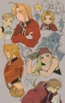  1girl 2boys :3 ahoge alphonse_elric armor bandana black_jacket blonde_hair blue_eyes braid coat crossed_arms dog edward_elric full_armor fullmetal_alchemist furrowed_brow gloves greyscale grin highres holding holding_jar jacket jar long_hair monochrome multiple_boys orange_eyes own_hands_together parted_bangs red_bandana red_coat short_hair shoulder_spikes single_braid sketch smile spikes tassel teeth upper_body v wantamushroom watch white_gloves winry_rockbell 