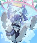  1girl :t absurdres air_bubble arms_up ass barefoot bikini black_bikini bracelet bubble closed_eyes commission feet frilled_bikini frilled_wrist_cuffs frills from_below highres jewelry long_hair pointy_ears purple_hair soles solo sunnysideup swimsuit thighs toes underwear vivian_banshee wrist_cuffs zenless_zone_zero 
