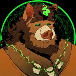 2022 abstract_background absurd_res anthro barazoku beard black_sclera brown_beard brown_eyebrows brown_facial_hair brown_hair bust_portrait clothed clothed_anthro clothed_male clothing digital_drawing_(artwork) digital_media_(artwork) eyebrows facial_hair glowing glowing_eyes green_eyes hair hi_res icon jewelry male male_anthro mammal melaisen necklace orange_clothing orange_shirt orange_topwear plant portrait shirt solo suid suine sus_(pig) tan_snout tan_teeth tan_tusks teeth topwear wild_boar