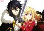  1boy 1girl absurdres aiguillette anime_coloring artist_name ascot black_cape black_hair blonde_hair cape collared_jacket copyright_name copyright_notice frown fur-trimmed_cape fur_trim furuki_mai gloves grey_shirt hadis_teos_rave hair_between_eyes hand_on_another&#039;s_shoulder highres holding holding_sword holding_weapon jacket jill_savelle light_smile long_sleeves looking_at_viewer mandarin_collar medium_hair military_uniform necktie newtype official_art pink_necktie purple_eyes red_jacket shirt short_hair simple_background slit_pupils sword third-party_source v-shaped_eyebrows weapon white_ascot white_background white_gloves yarinaoshi_reijou_wa_ryuutei_heika_wo_kouryakuchuu yellow_eyes 