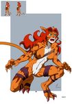  anthro bandage breasts chaotic claws clothed clothing digitigrade female fur green_eyes hair insert intress nipples open_mouth orange_fur overworlder plain_background pose pussy red_hair skimpy solo teeth tongue unknown_artist 