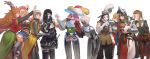 6+girls absurdres armor bascinet blue_hat borrowed_character breastplate brown_hair chainmail chaperon_hat character_request clownsknecht codpiece dark-skinned_female dark_skin gauntlets gyaru_landsknecht_(centurii-chan) hat hat_feather highres hounskull lady_elunia_(mud_and_blood) lady_lucerne_(ironlily) multiple_girls original plate_armor scabbard sheath surcoat sword wass_nonnam weapon white_hair wide_brim 