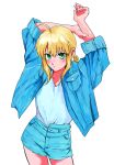  1girl arms_up artoria_pendragon_(fate) blonde_hair blue_jacket blue_shorts denim denim_jacket denim_shorts fate/stay_night fate_(series) green_eyes highres jacket looking_at_viewer nedameman open_clothes open_jacket saber_(fate) shirt short_shorts shorts simple_background solo standing white_background white_shirt 