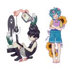  2boys ^_^ animal_on_head antenna_hair barefoot basil_(headspace)_(omori) basil_(omori) black_eyes black_hair black_socks black_tank_top blue_overalls book cat closed_eyes colored_skin computer crossed_arms flower green_hair head_wreath holding holding_book holding_laptop kneehighs knife laptop light_bulb looking_at_viewer male_focus mewo multiple_boys nagakun_omo omori omori_(omori) on_head overall_shorts overalls photo_(object) shirt short_hair short_sleeves shorts simple_background sketchbook socks something_(omori) striped_clothes striped_shorts sunflower t-shirt tank_top tissue tissue_box tulip vertical-striped_clothes vertical-striped_shorts white_background white_flower white_shorts white_skin white_tulip yellow_shirt 