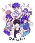  2girls 4boys antenna_hair arms_up aubrey_(headspace)_(omori) aubrey_(omori) ball basil_(headspace)_(omori) basil_(omori) black_eyes black_hair black_tank_top blue_overalls blue_shirt closed_mouth collarbone collared_shirt copyright_name double-parted_bangs flower forest_bunny_(omori) green_hair head_wreath hero_(headspace)_(omori) hero_(omori) holding holding_ball holding_knife holding_spatula holding_stuffed_toy kel_(headspace)_(omori) kel_(omori) knife long_hair long_shirt long_sleeves looking_at_viewer mari_(headspace)_(omori) mari_(omori) mr._plantegg_(omori) multiple_boys multiple_girls nagakun_omo neckerchief omori omori_(omori) one_eye_closed open_mouth overalls pajamas purple_eyes purple_hair purple_shorts purple_sweater_vest red_neckerchief sentient_stuffed_toy shirt short_sleeves shorts simple_background spatula sprout_mole striped_clothes striped_pajamas stuffed_eggplant stuffed_toy sweat sweater_vest t-shirt tank_top teeth upper_teeth_only v v_over_eye vertical-striped_clothes vertical-striped_pajamas white_background white_shirt yellow_shirt 