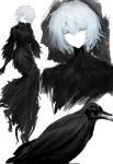  1girl angela_(project_moon) bird black_dress blue_hair closed_mouth crow dress feather_dress full_body highres library_of_ruina looking_at_viewer multiple_views official_alternate_costume project_moon short_hair simple_background solo standing uneslll white_background yellow_eyes 