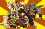  /\/\/\ 6+boys :o armor arms_at_sides black_eyes black_hair boots burter captain_ginyu clenched_hands clenched_teeth dougi dragon_ball dragonball_z full_body grin guldo happy height_difference horns jeice looking_at_viewer multiple_boys nitako recoome red_background scouter short_hair smile son_gokuu spiked_hair striped striped_background teeth two-tone_background vertical-striped_background vertical_stripes wristband yellow_background 