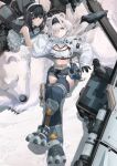  2girls ahoge aqua_eyes arknights aurora_(arknights) bare_arms bare_shoulders bear bird black_gloves black_hair black_hairband blazpu blue_pants breast_zipper breasts cleavage_cutout clothing_cutout coat cropped_jacket crow dress expressionless eyes_visible_through_hair from_behind gloves grey_dress grey_eyes grey_shorts hair_over_one_eye hairband hand_up head_rest highres hip_vent hood hooded_coat jacket la_pluma_(arknights) long_hair long_sidelocks looking_at_viewer lying lying_on_animal medium_breasts medium_hair midriff multiple_girls on_back on_stomach pants paw_shoes polar_bear short_shorts shorts sidelocks sleeveless sleeveless_dress sleeves_past_wrists smile snow tool_belt white_hair white_hairband white_jacket winter_clothes winter_coat 