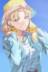  1girl :d blue_background blue_eyes blue_jacket blue_shirt colored_tips commentary_request flower grin hair_flower hair_ornament hat highres jacket link!_like!_love_live! long_sleeves looking_at_viewer love_live! low_twintails multicolored_hair open_clothes open_jacket osawa_rurino parted_bangs pinstripe_pattern pinstripe_shirt saidamoosu shirt simple_background smile solo twintails upper_body virtual_youtuber yellow_flower yellow_hat 
