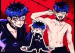  1boy :d absurdres artist_name bare_shoulders belt_collar black_border black_hair black_jacket blue_hair blush border chibi chibi_inset chin_piercing collar collarbone commentary cowboy_shot drooling earrings english_commentary eyepatch face_piercing fingernails full_body hair_between_eyes hand_on_own_ear hand_up highres jacket jewelry last_defense_academy_school_uniform lips long_fingernails looking_at_viewer male_focus max_art149 mixed-language_commentary mouth_drool multicolored_hair multiple_views navel nose omokage_yugamu one_eye_covered open_mouth outline outside_border parted_lips piercing purple_eyes red_background scar scar_on_chest scar_on_face scar_on_stomach school_uniform short_hair simple_background sleeves_past_fingers sleeves_past_wrists smile spiked_hair standing stitches the_hundred_line_-last_defense_academy- tongue tongue_out tongue_piercing topless_male tsurime two-tone_hair upturned_eyes white_outline 