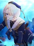  1boy air_bubble beret blonde_hair blue_eyes bubble cowboy_shot diving freminet_(genshin_impact) genshin_impact gloves hair_over_one_eye hat highres long_sleeves looking_at_viewer male_focus ocean otyako_0129 short_hair solo swimming underwater 