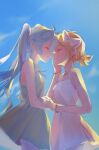  2girls ahoge aqua_hair bare_shoulders blue_sky blush bow bracelet closed_eyes commentary couple dress from_side hair_between_eyes hair_bow hand_on_another&#039;s_cheek hand_on_another&#039;s_face happy hatsune_miku highres jewelry kagamine_rin laari_000 long_hair multiple_girls necklace outdoors ponytail profile short_hair short_ponytail sky sleeveless smile sundress twintails upper_body very_long_hair vocaloid white_dress yuri 
