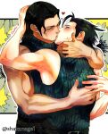  2boys absurdres angeal_hewley armpits artist_name bare_arms bare_shoulders black_hair black_shirt blush border closed_eyes crisis_core_final_fantasy_vii cross_scar earrings final_fantasy final_fantasy_vii flower hair_slicked_back hand_in_another&#039;s_hair hand_on_another&#039;s_neck highres hug hug_from_behind jewelry kiss letterboxed male_focus medium_hair multiple_boys parted_bangs scar scar_on_cheek scar_on_face shakunage1 shirt sideburns single_earring sleeveless sleeveless_turtleneck sunflower turtleneck twitter_username white_border yaoi zack_fair 