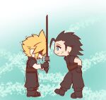  2boys aqua_eyes armor baggy_pants belt black_boots black_hair black_pants blonde_hair boots brown_belt buster_sword chibi chibi_only closed_mouth cloud_strife cross_scar crying earrings final_fantasy final_fantasy_vii full_body hair_over_eyes hair_slicked_back hand_on_own_hip holding holding_sword holding_weapon jewelry lll777777lll looking_at_another male_focus medium_hair multiple_boys pants parted_lips partially_shaded_face pauldrons scar scar_on_cheek scar_on_face short_hair shoulder_armor single_earring sleeveless sleeveless_turtleneck smile spiked_hair suspenders sword tears trembling turtleneck weapon zack_fair 