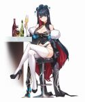  1girl absurdres alcohol bare_shoulders black_dress black_shoes blue_eyes blue_flower blue_hair blush breasts champagne champagne_bottle champagne_flute chinese_commentary cleavage closed_mouth colored_inner_hair commentary_request commission crescent crossed_legs cup dress drinking_glass elbow_rest flower hair_bun hair_flower hair_ornament hand_on_own_thigh high_heels highres holding holding_cup large_breasts long_hair looking_at_viewer multicolored_hair on_stool original pumps qingmingtongzi red_hair shoes simple_background sitting sleeveless sleeveless_dress smile solo stool thighhighs two-tone_hair very_long_hair white_background white_thighhighs 