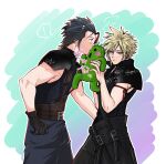  ! 2boys aqua_eyes arm_ribbon armor artist_collaboration belt black_cape black_gloves black_hair black_pants black_vest blonde_hair blue_pants blue_shirt blush blush_stickers brown_belt cape cloud cloudy_sky cowboy_shot earrings final_fantasy final_fantasy_vii final_fantasy_vii_advent_children gloves hair_between_eyes hair_slicked_back highres holding holding_stuffed_toy jewelry jintaso male_focus multiple_belts multiple_boys pants pauldrons red_ribbon ribbon sabotender sharp_teeth shinogu_r shirt short_hair shoulder_armor sideburns single_earring single_pauldron sky spoken_exclamation_mark stuffed_toy suspenders teeth vest waist_cape yaoi zack_fair 