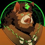 2022 abstract_background absurd_res anthro barazoku beard brown_beard brown_eyebrows brown_facial_hair brown_hair bust_portrait clothed clothed_anthro clothed_male clothing digital_drawing_(artwork) digital_media_(artwork) eyebrows facial_hair glowing glowing_eyes green_eyes hair hi_res icon jewelry male male_anthro mammal melaisen necklace orange_clothing orange_shirt orange_topwear plant portrait shirt solo suid suine sus_(pig) tan_snout tan_teeth tan_tusks teeth topwear wild_boar