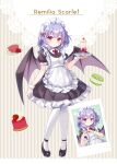  1girl alternate_costume apron bat_wings black_dress black_shoes character_name cherry commentary_request cup doily dress enmaided food fruit full_body heart heart_hands ice_cream ice_cream_float looking_at_viewer macaron maid maid_apron maid_headdress mimi_(mimi_puru) neck_ribbon pantyhose photo_(object) puffy_short_sleeves puffy_sleeves purple_hair red_eyes red_ribbon remilia_scarlet ribbon shoes short_hair short_sleeves solo striped_background teacup touhou tray white_apron white_pantyhose wings wrist_cuffs 