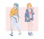  2girls ahoge aqua_eyes aqua_hair belt beret blonde_hair blue_hoodie bubble commentary full_body green_eyes hair_between_eyes hand_in_pocket hat hatsune_miku hood hoodie kagamine_rin laari_000 long_hair long_sleeves looking_at_viewer loose_belt multiple_girls nail_polish pink_background print_shirt shaft_look shirt short_hair simple_background smile socks standing twintails very_long_hair vocaloid white_background white_socks 