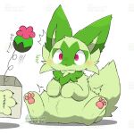 1:1 ambiguous_gender black_claws blush box claws container duo feet felid feline feral flower fur generation_9_pokemon green_body green_ears green_fur green_tail japanese_text mammal meowscarada mostly_offscreen_character nintendo pawpads paws pink_eyes pink_pawpads plant pokemon pokemon_(species) signature simple_background sitting sprigatito surprised tail text tontaro tremble_spikes watermark white_background
