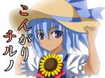  cirno comic commentary cover cover_page flower hand_on_headwear hat hidden_star_in_four_seasons looking_at_viewer rappa_(rappaya) short_hair short_sleeves smile sun_hat sunflower tan tanned_cirno touhou translated 