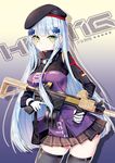  assault_rifle bag black_hat black_legwear black_skirt breasts german_flag girls_frontline gloves green_eyes gun hair_ornament handbag hat heckler_&amp;_koch hk416 hk416_(girls_frontline) jacket light_blue_hair long_hair medium_breasts purple_jacket ramune_(cherrykde) rifle skirt standing thighhighs very_long_hair weapon white_gloves 