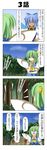  4koma anger_vein angry ascot blue_sky bow cirno comic commentary_request daiyousei fairy_wings flower green_eyes green_hair hair_bow hand_on_own_chin hand_on_own_elbow hands_on_hips hidden_star_in_four_seasons highres ice ice_wings multiple_girls rappa_(rappaya) short_hair short_sleeves shouting side_ponytail sky star_sapphire sunflower sunny_milk tanned_cirno thought_bubble touhou translated tree twintails wings 