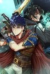  armor black_hair cape facial_tattoo fire fire_emblem fire_emblem:_akatsuki_no_megami fire_emblem:_souen_no_kiseki headband ike long_hair looking_at_viewer male_focus multiple_boys ragnell red_eyes short_hair soren sword tattoo wani_(fadgrith) weapon 